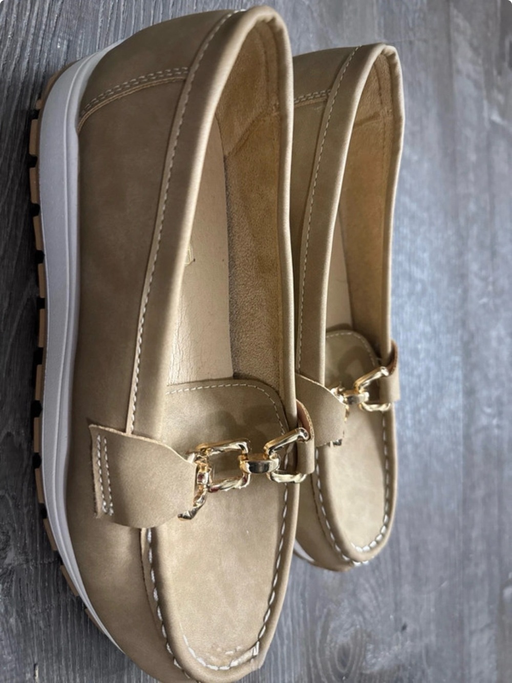 Women’s Tan Slip-On Loafers with Gold Hardware